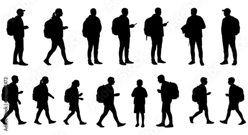 Collection of diverse student silhouettes with backpacks, standing and walking. Students are using smartphones and carrying books.