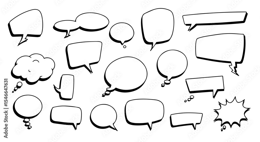 Obraz premium Collection of hand drawn speech bubbles for communication design. Set of various shapes and sizes of blank speech bubbles perfect for adding text.