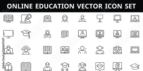 Online Learning Vector Icons Set | eLearning, Course, Webinar, Study, Remote Education
