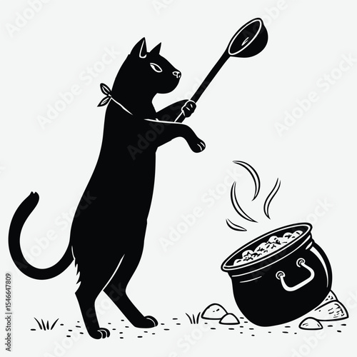 Funny black cat cooking biryani with a ladle in a pot illustration image silhouette design vector art and illustration