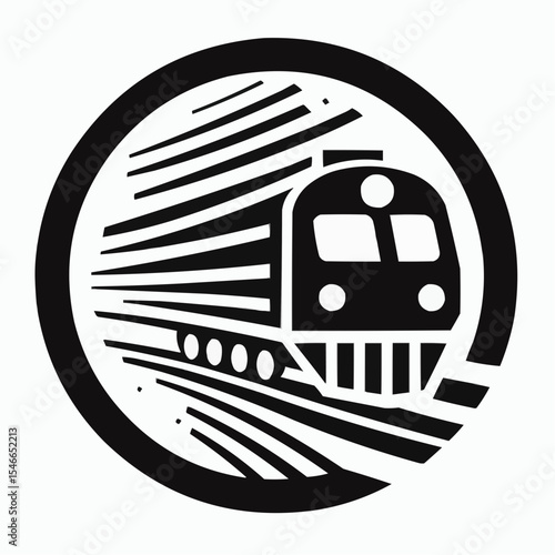 Stylized train in motion within a circular graphic, representing speed and movement