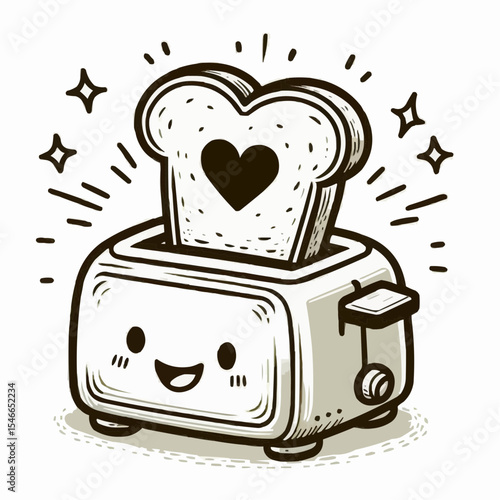 Cute toaster with heart-shaped toast and playful sparkle in a joyful style