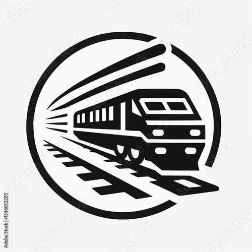 Modern train in motion, appearing dynamic and fast within a circular graphic design