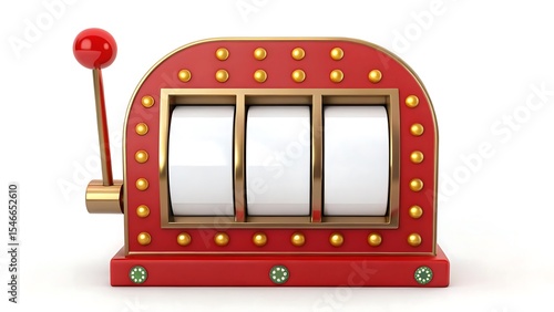 Classic red and gold slot machine with blank reels isolated on white