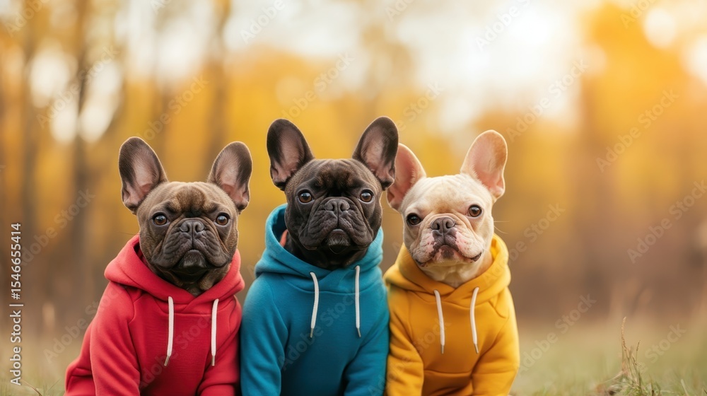 Three adorable French bulldogs in vibrant hoodies sitting together outdoors, radiating joy and companionship, showcasing the playful side of pets in a delightful fall setting. Three adorable French bulldogs in vibrant hoodies sitting together outdoors, radiating joy and companionship, showcasing the playful side of pets in a delightful fall setting.