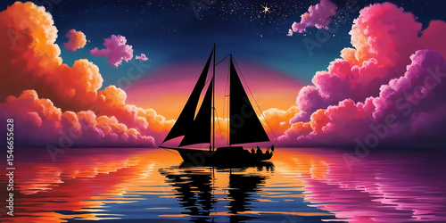 Silhouette of Sailboat Gliding Across Calm Waters at Sunset

