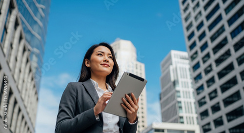Successful businesswoman using tablet outside modern buildings city skyline professional career