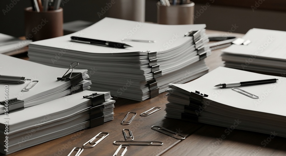 Stacks of white paper with paper clips and pens on a wooden desk background Stacks of white paper with paper clips and pens on a wooden desk background