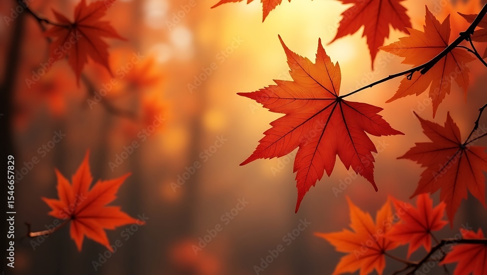 Vibrant Autumn Maple Leaves Against a Soft, Misty Landscape Vibrant Autumn Maple Leaves Against a Soft, Misty Landscape