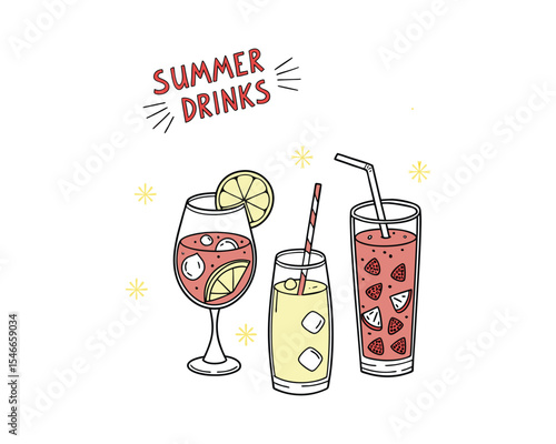 Hand-drawn Illustration of Refreshing Summer Drinks, This whimsical illustration showcases three different refreshing drinks, perfect for a summery mood or a relaxed setting