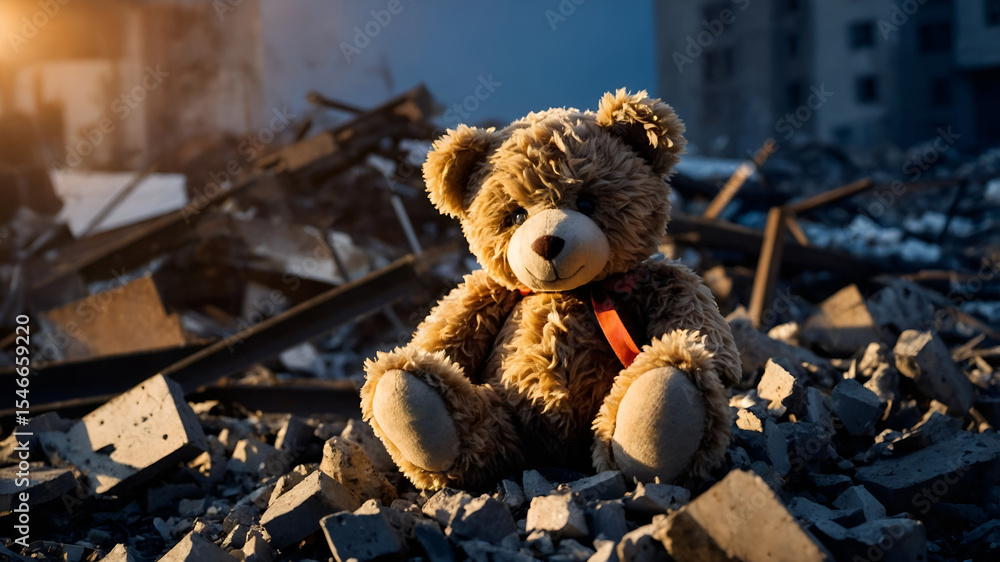 Battered teddy in ruins, twisted metal. Diffuse light behind. Tragic impact. Battered teddy in ruins, twisted metal. Diffuse light behind. Tragic impact.