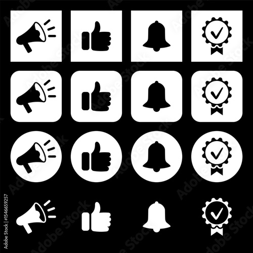 Set of promotion icons. Announcement, like, subscribe, bell, and quality sign. Set of white round and square icons. Promotion, sale