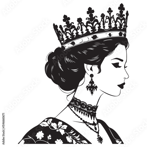 Elegant queen silhouette with crown and jewelry isolated on white background