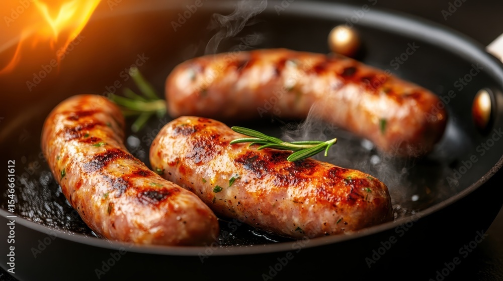 Juicy grilled sausages sizzling in a hot pan, garnished with fresh rosemary, showcasing a delicious and mouthwatering culinary experience that evokes appetite and warmth. Juicy grilled sausages sizzling in a hot pan, garnished with fresh rosemary, showcasing a delicious and mouthwatering culinary experience that evokes appetite and warmth.
