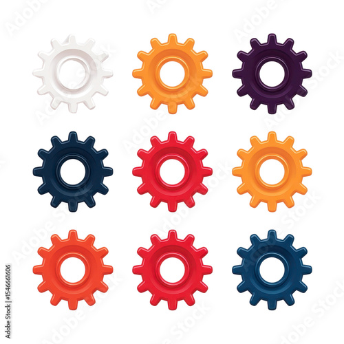 gear wheels transparent back ground Colorful gears arranged in a grid pattern.
