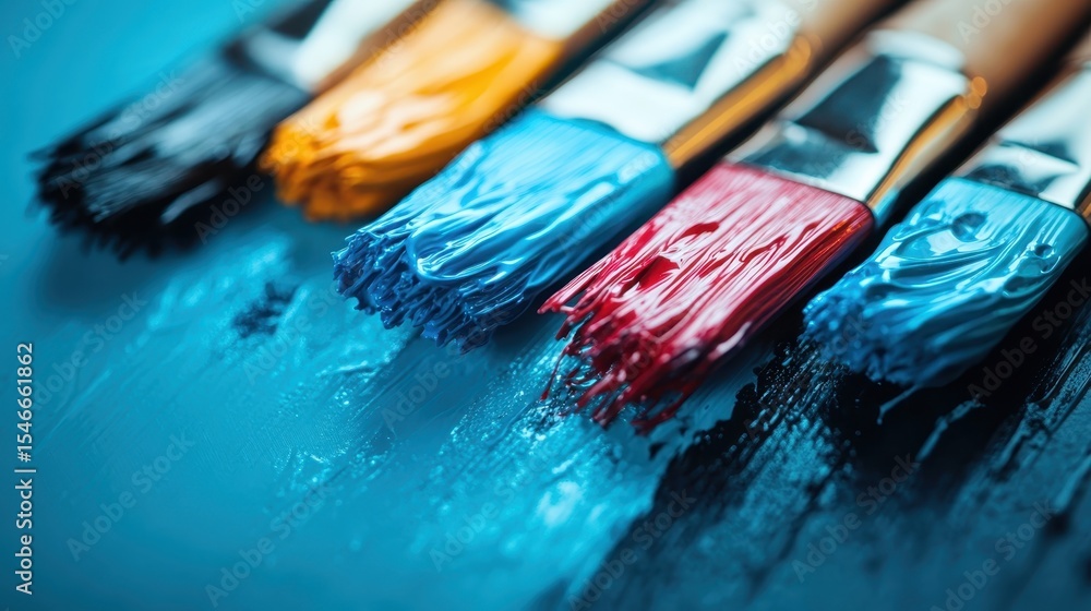 Fototapeta premium A close-up view of paintbrushes dipped in vibrant colors, showcasing the textures and richness of each hue, perfect for any artist's creative expression and inspiration.