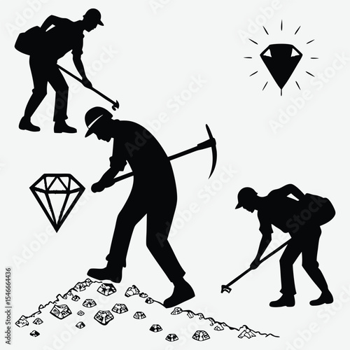 Group of workers mining diamonds in a rocky terrain image silhouette design vector art and illustration
