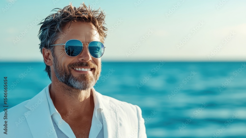 A stylish man wearing sunglasses, smiling against a backdrop of a sparkling ocean, representing joy, confidence, and the beauty of a sunny day by the sea. A stylish man wearing sunglasses, smiling against a backdrop of a sparkling ocean, representing joy, confidence, and the beauty of a sunny day by the sea.