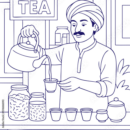 Indian man pouring tea at street stall in line art style