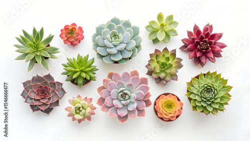 Collection of colorful succulents in small pots