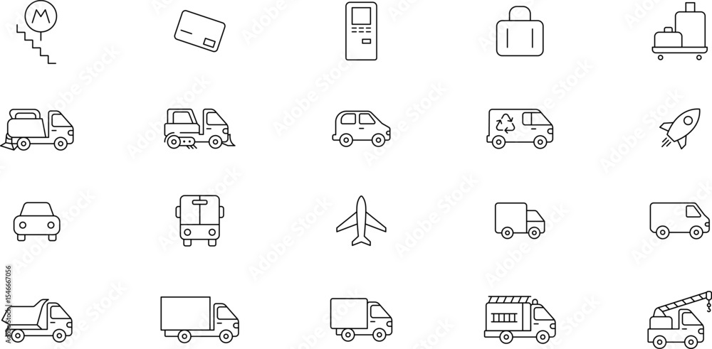 Fototapeta premium Public, Service, Municipal Commercial vehicles Transport Line Icons Set — Transportation, vehicle icon set. Vector glyph pictograms of travel, logistics, public transit concepts