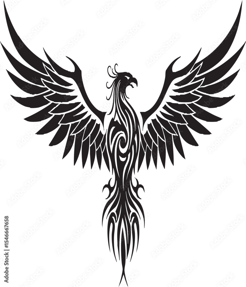 Obraz premium Majestic Tribal Phoenix Tattoo Design – Mythical Firebird Artwork for Men & Women, Bold Black Ink Symbol of Rebirth, Power, and Spiritual Transformation