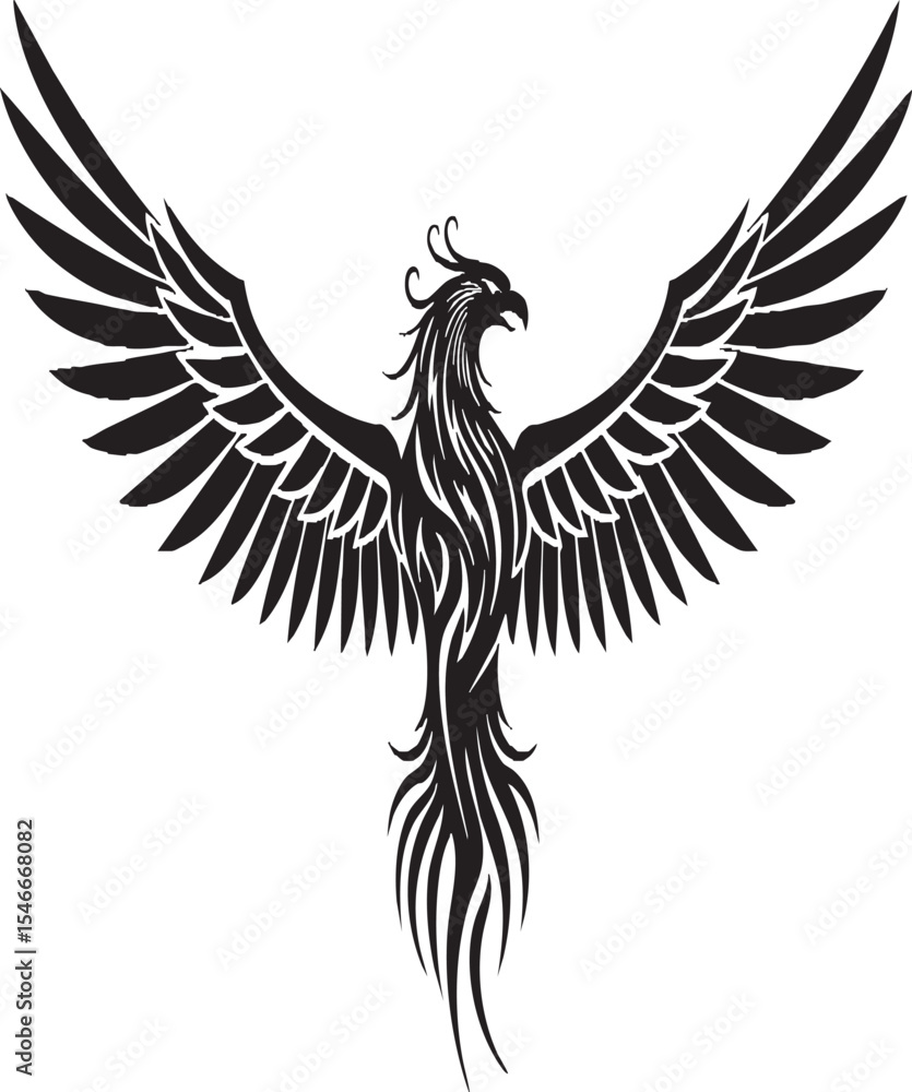 Fototapeta premium Majestic Tribal Phoenix Tattoo Design – Mythical Firebird Artwork for Men & Women, Bold Black Ink Symbol of Rebirth, Power, and Spiritual Transformation