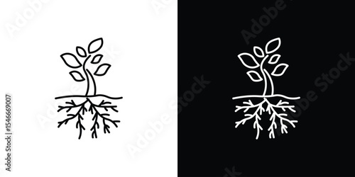 Tree with roots and leaves icon in black. flat graphic vector icon