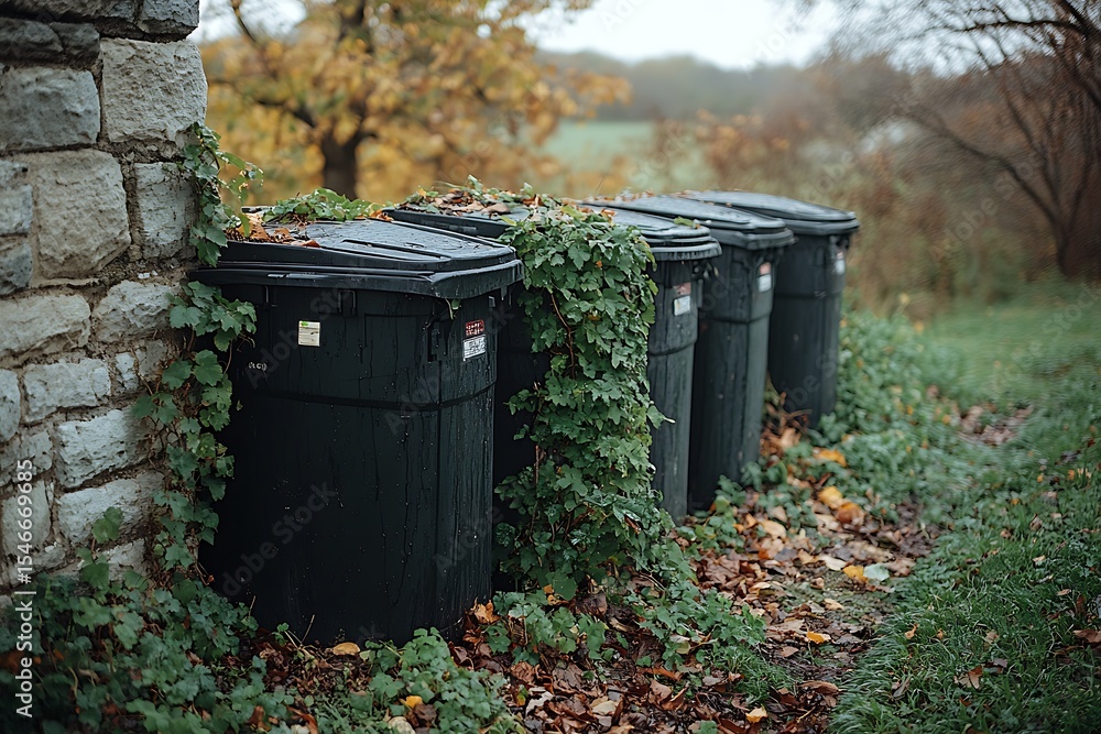 Fototapeta premium Plastic trash bins against stone wall high resolution picture