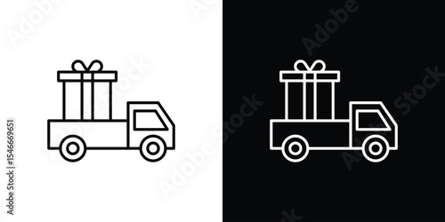 Truck carrying gift box icon in black. flat graphic vector icon