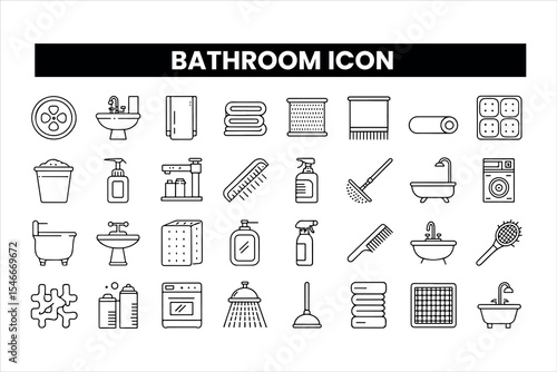 Set of  outline icons related to bathroom. Linear icon collection. Editable stroke. Vector illustration