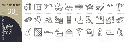 Building trade related icon collections. Containing tools, construction, material, crane, site, worker, structure, plan, equipment, and bricks icons. Outline icons.