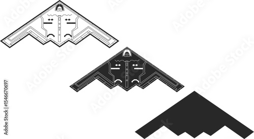 Set of Northrop B-2 Spirit fighter jets, strategic bomber, iconic representative of the US Air Force, line isolation and silhouette in black.