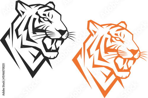 Stylish tiger head logo in two colors, orange and black, tiger head icon side view.