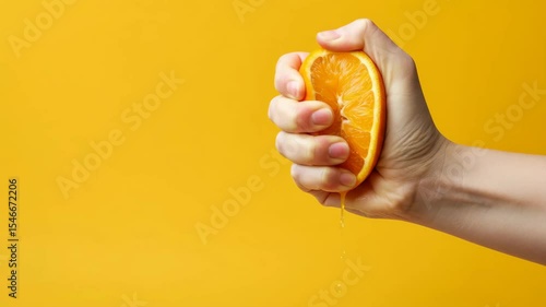 Juicy orange squeeze in hand against vibrant yellow background