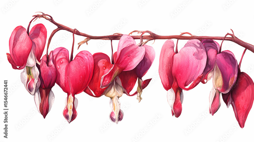 Fototapeta premium Watercolor Illustration of Bleeding Heart Flower (Lamprocapnos spectabilis) – Pink Heart-Shaped Petals with White Tips on a White Background