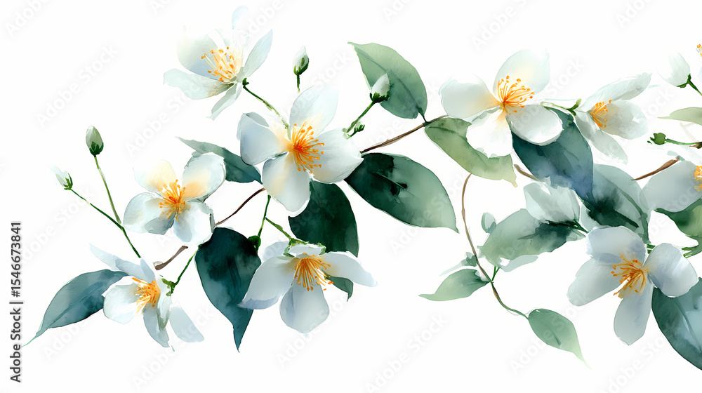 Fototapeta premium Watercolor Illustration of Blooming Jasmine – Delicate White Blossoms on Green Stems with White Background