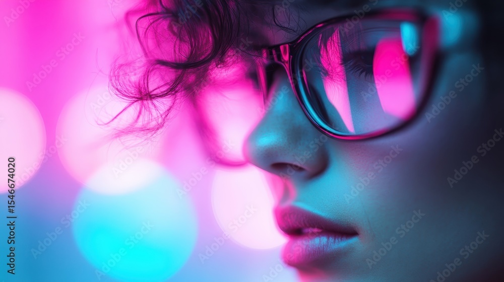 A captivating portrait showcasing a close-up of a person's profile, illuminated by vibrant neon lights, evoking a sense of contemporary art and urban aesthetics. A captivating portrait showcasing a close-up of a person's profile, illuminated by vibrant neon lights, evoking a sense of contemporary art and urban aesthetics.