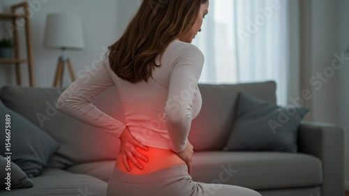 White adult female experiencing lower back pain indoors, sitting on sofa and holding inflamed lumbar area highlighted with red glow indicating discomfort.