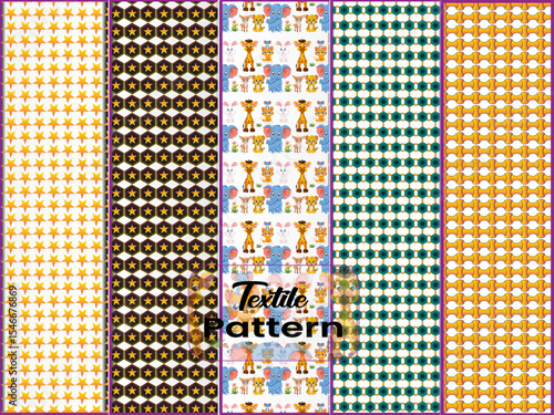 Textile Pattern designs with various shapes like round, triangular etc. and customizable colors like off-white, green, sky blue, pink, orange, blue etc.