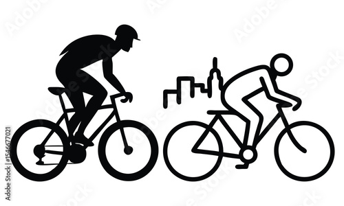 Here's one sentence describing the image, incorporating your specified words:

Black silhouette vector illustration of a person on a bike, perfect for cycling sport activities or a fun ride