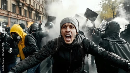 Riot eruption scene: flaming debris, chaotic noise, shattered barricade, defiant march, tearful protest, cracked pavement, loud clash, law enforcement, tense stare, public chaos, heated exchange