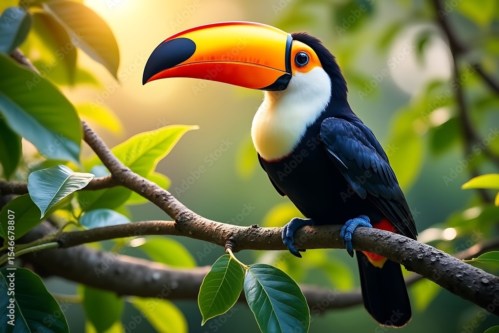 Fototapeta premium Vibrant toucan perched on lush green branch in tropical rainforest