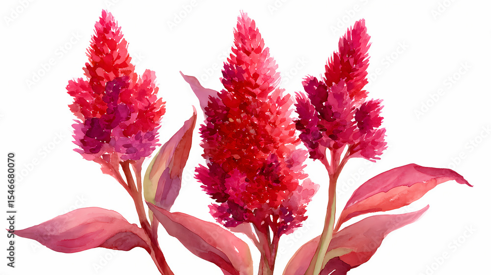 Fototapeta premium Watercolor Illustration of Celosia (Cockscomb) – Vibrant Crested Flower on White Background