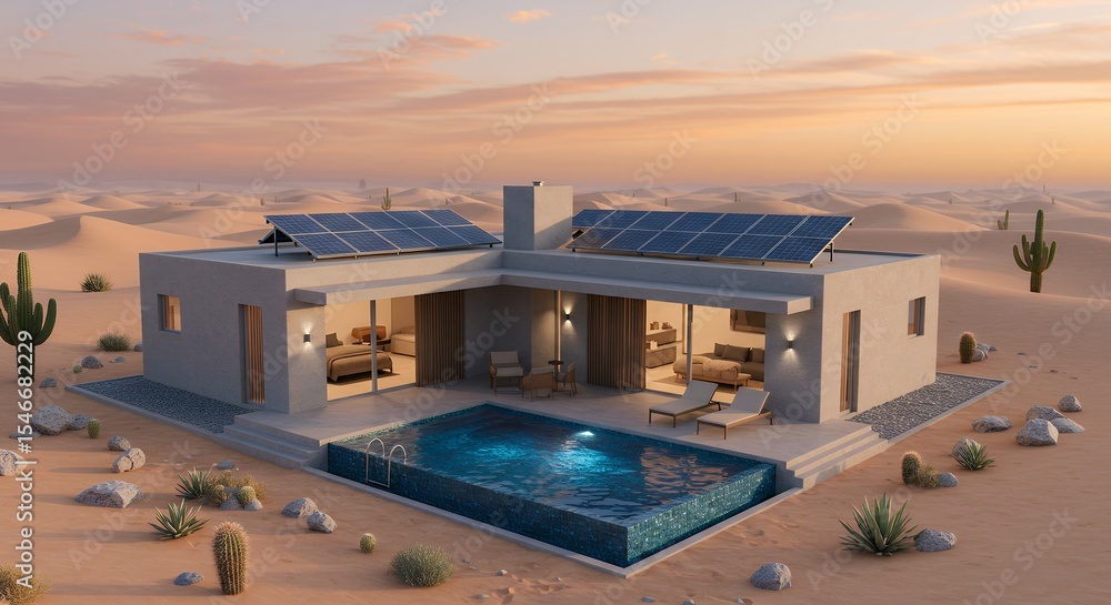 Fototapeta premium Desert House with Solar Panels and Swimming Pool