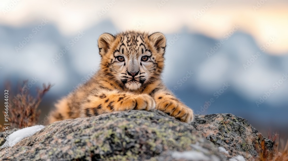 Fototapeta premium A close-up of an adorable snow leopard cub resting on a rock, showcasing its striking features and the beauty of wildlife in a natural habitat surrounded by mountains.