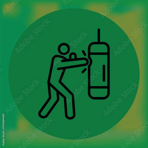 Minimalist icon of a person punching a heavy bag, captured mid-strike, with a green circle background—ideal for boxing, fitness, or strength training themes.