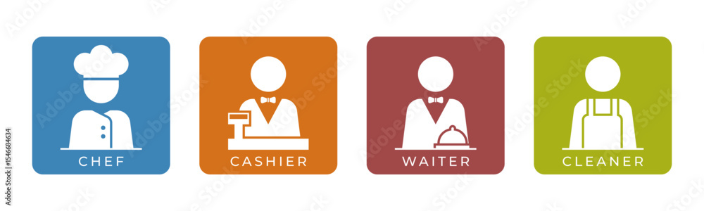 Fototapeta premium Chef, Cashier, Waiter, Cleaner icon set illustration vector. Inside Square.