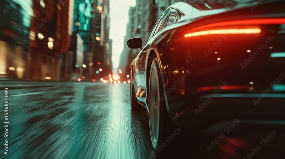 Obraz premium A stunning black sports car speeds through vibrant city streets at dusk, encapsulating the thrill of luxury and performance in urban life amidst reflective lights and motion blur.