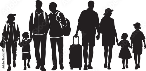 Silhouette of a family of four, parents and two children, walking together with luggage.